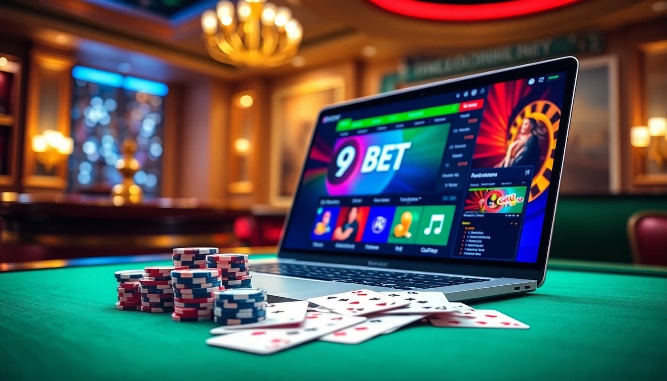 Experience the thrill of 9BET online casino with vibrant poker chips and cards.