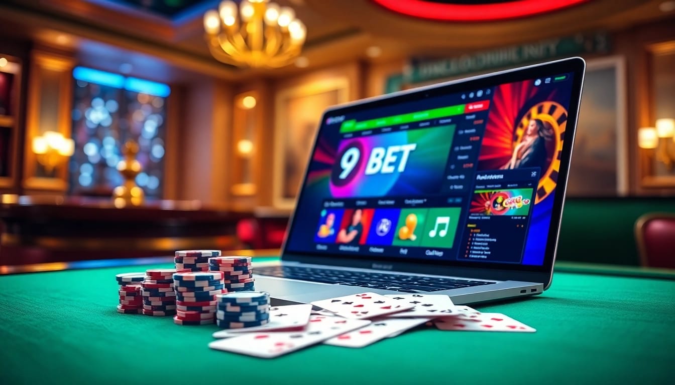 Experience the thrill of 9BET online casino with vibrant poker chips and cards.