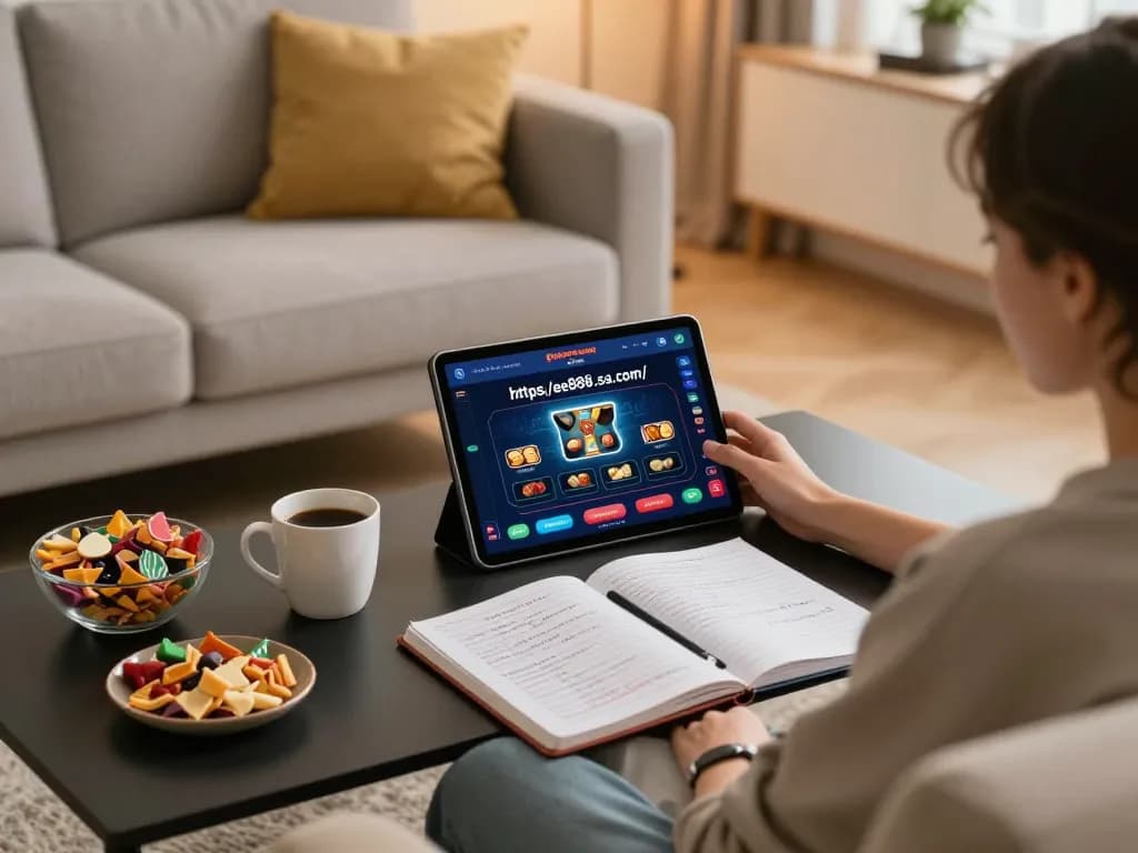 Engaged player using https://ee888.sa.com/ tablet for online casino poker, cozy atmosphere