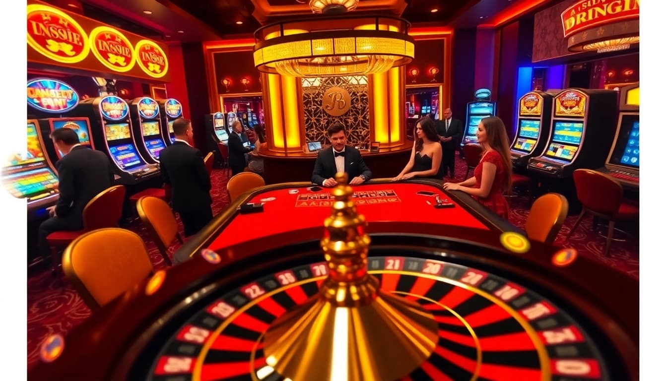 Players bet high stakes at the open88 casino with elegant tables and vibrant slot machines.