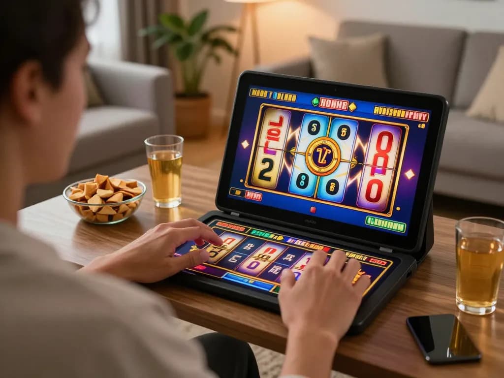 Engaging gameplay on nhà cái 789WIN's slots game within a cozy home setting
