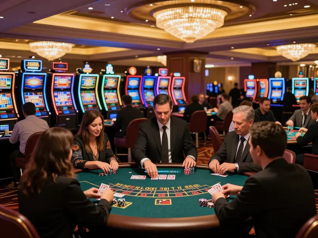 Players enjoying high-stakes Blackjack and Poker at a vibrant 98win01 casino, showcasing dynamic gameplay.