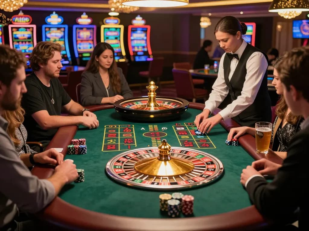 Engaged players at a sunwin roulette table making bets with chips.