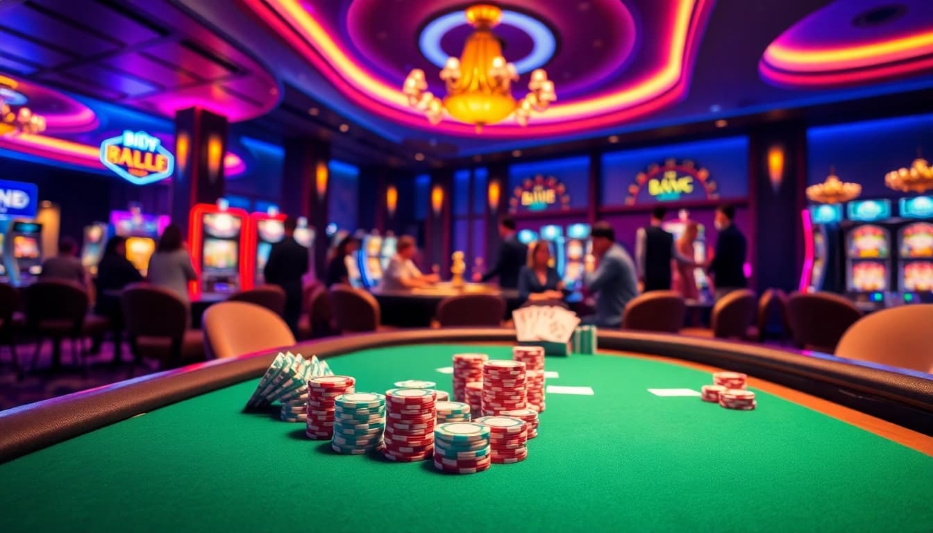 Experience the thrill of BDTK66 at a luxurious casino with poker tables and roulette wheels.