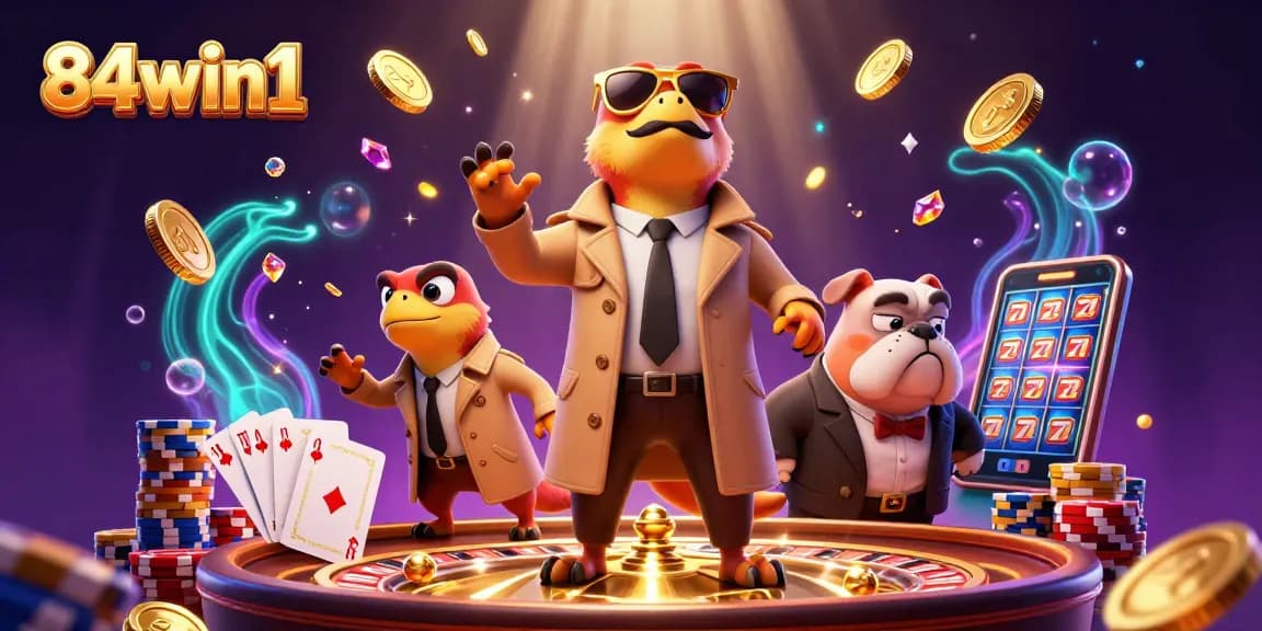 Engage in gaming excitement with 84win1 as three raptors dressed humorously enter a casino lounge.