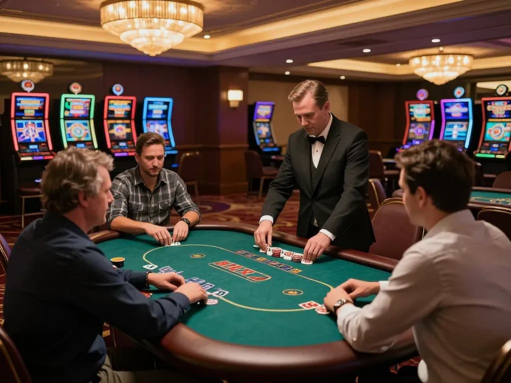 Players at a luxurious casino engaged in the top 10 nhà cái uy tín poker games, showcasing vibrant atmosphere.