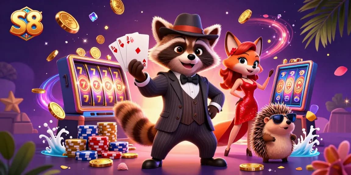 S8 gamblers celebrate a royal flush win surrounded by coins and vibrant slot machines.