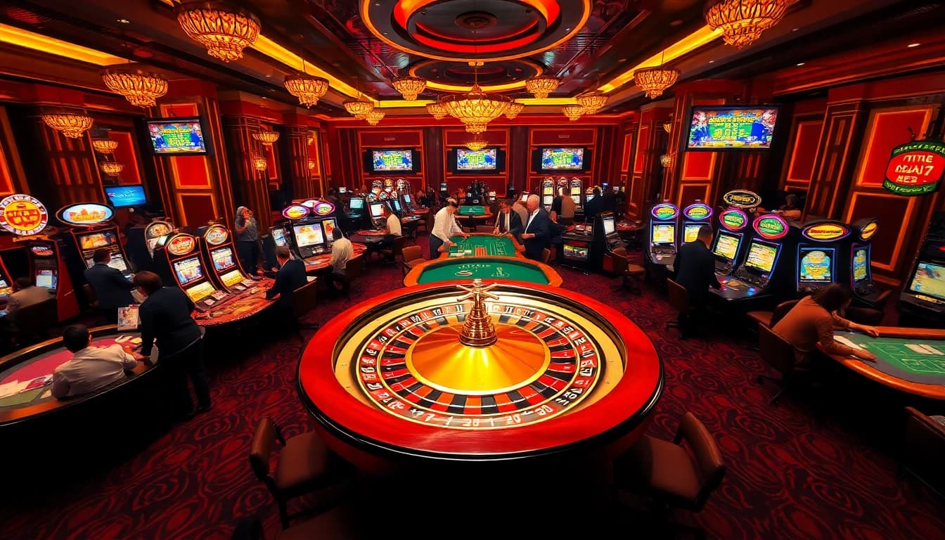 Players enjoying a luxurious casino experience at tylenhacai7.com featuring roulette and poker.