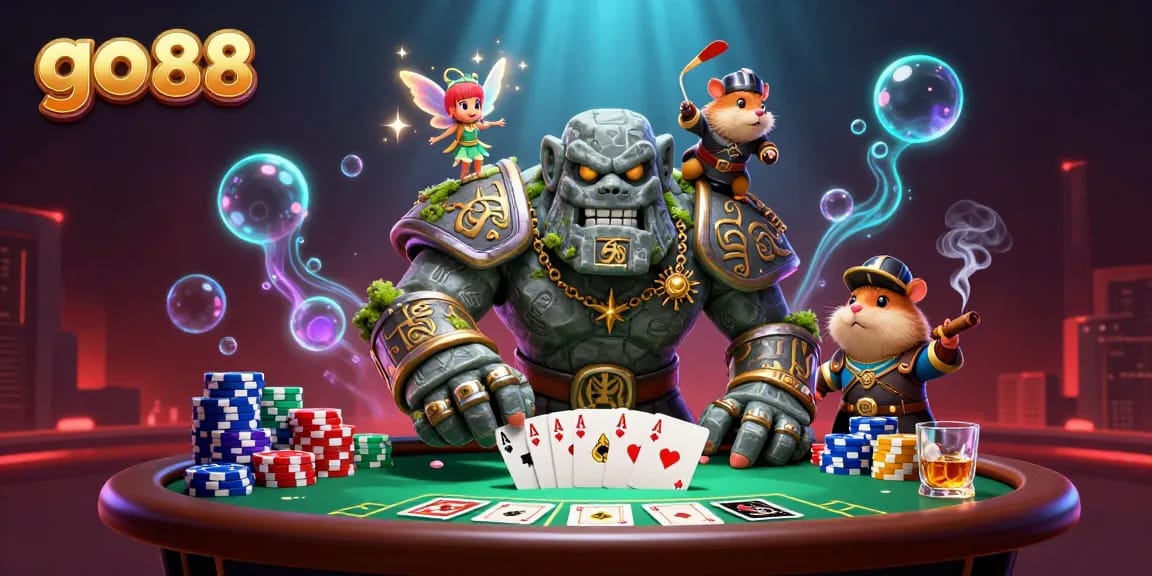 Experience the magic of go 88 as a golem swings poker chips and spells spark.
