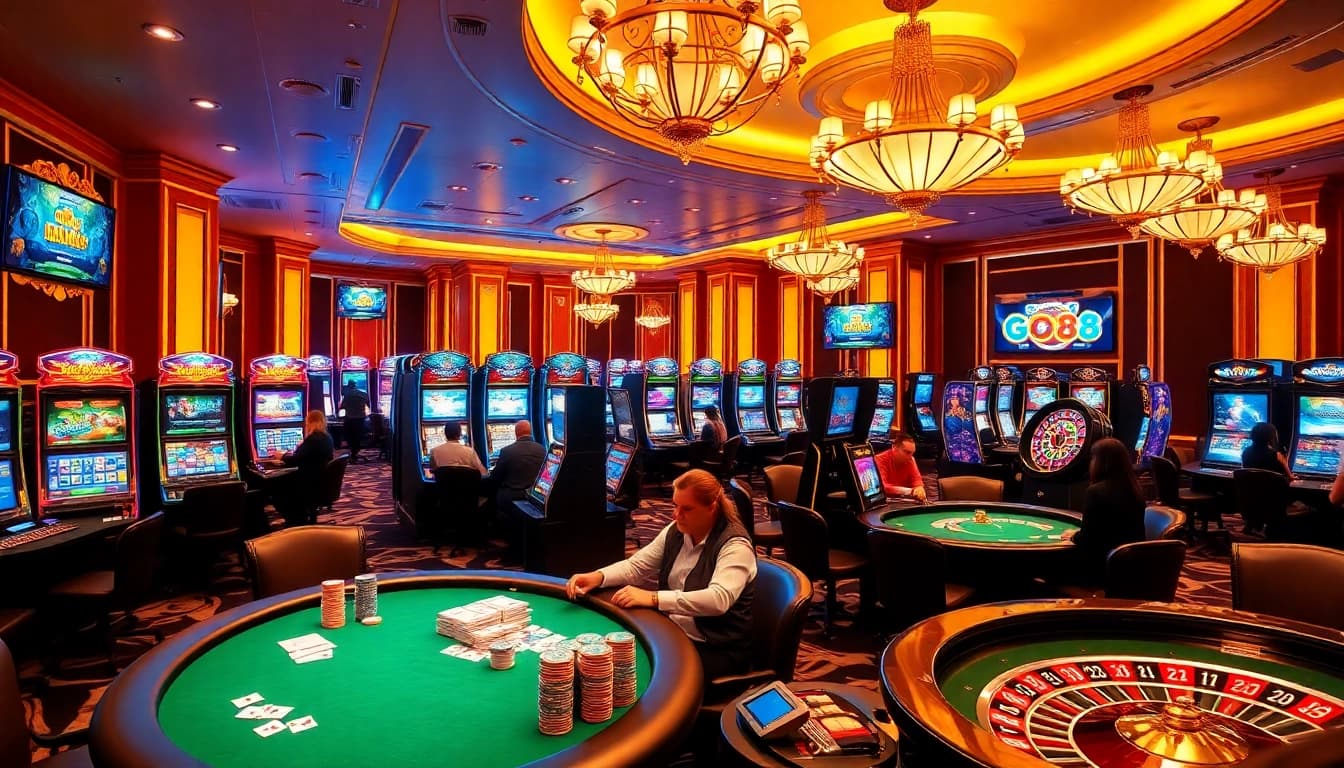 Exciting GO88 casino environment with players at poker tables and vibrant slot machines.