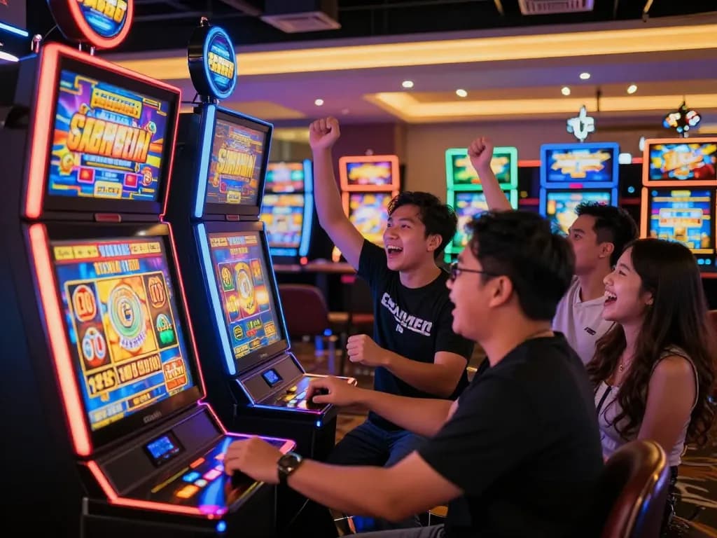 Celebrating a win on slot gacor 777 in a bustling casino, with colorful slot machines and joyful players.