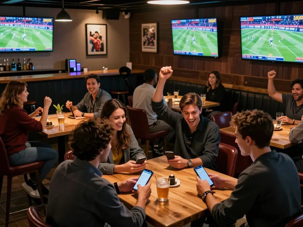 Engaged bettors enjoying the excitement of live sports betting at keonhacai5 in lively atmosphere.