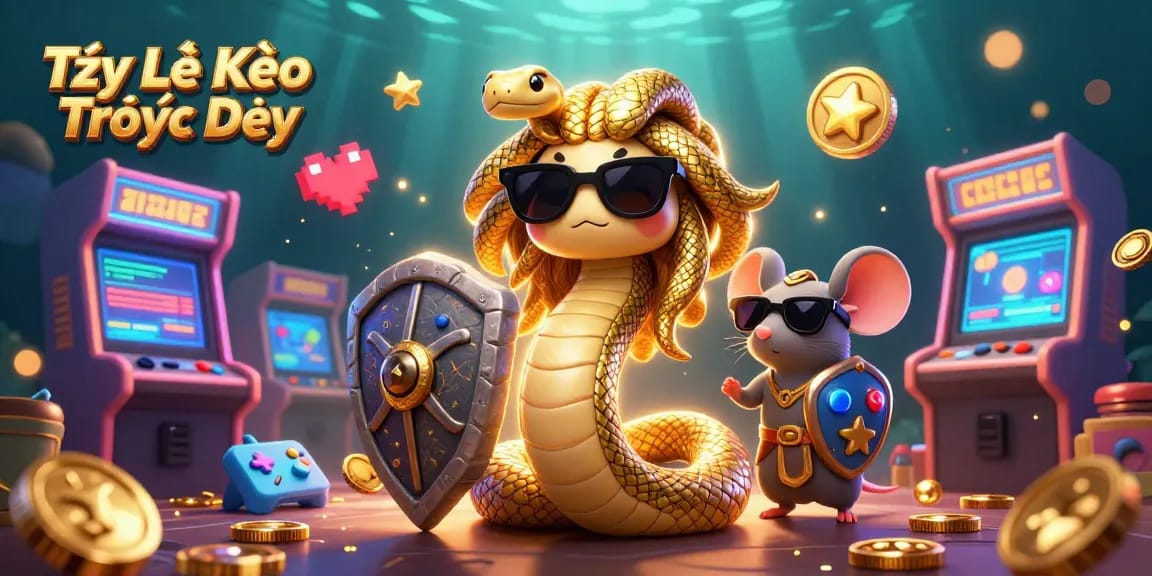 Engage with Tỷ Lệ Kèo Trực Tiếp through this vibrant illustration showcasing a Medusa and a warrior mouse in a lively casino setting.