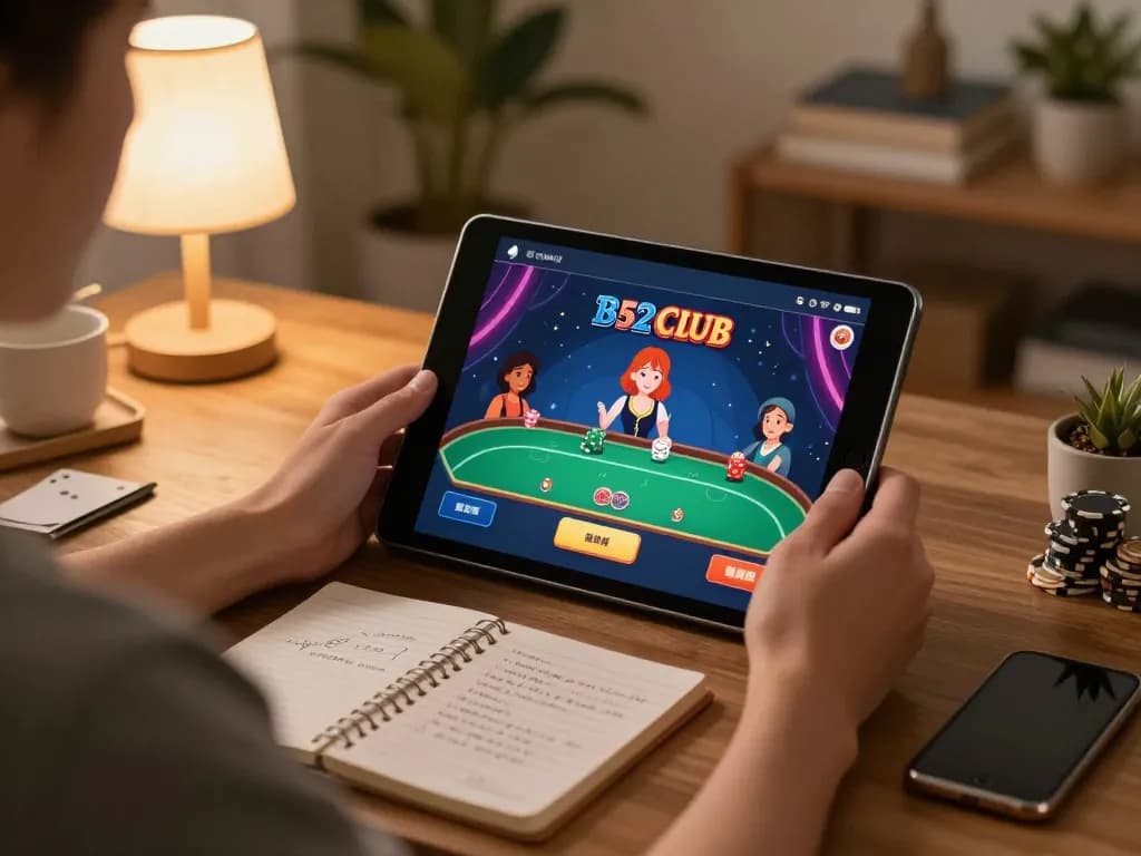B52 Club gameplay displayed on tablet while enjoying poker strategy at home.