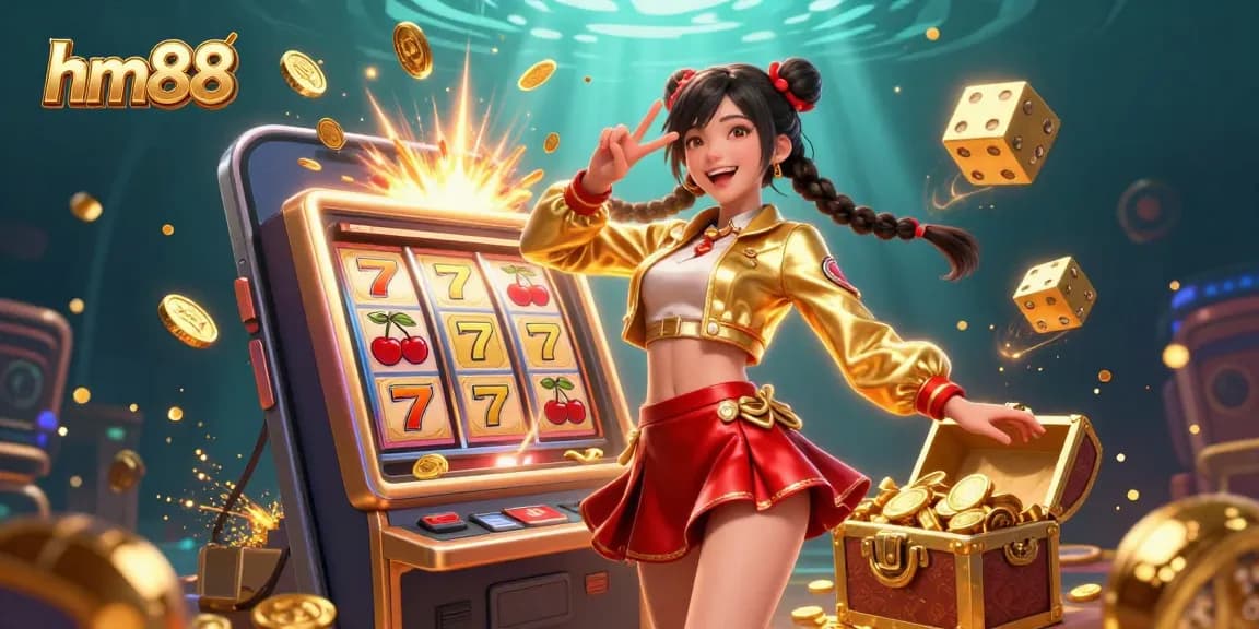 Win big at hm88 as a joyful woman interacts with vibrant slot machines and confetti.