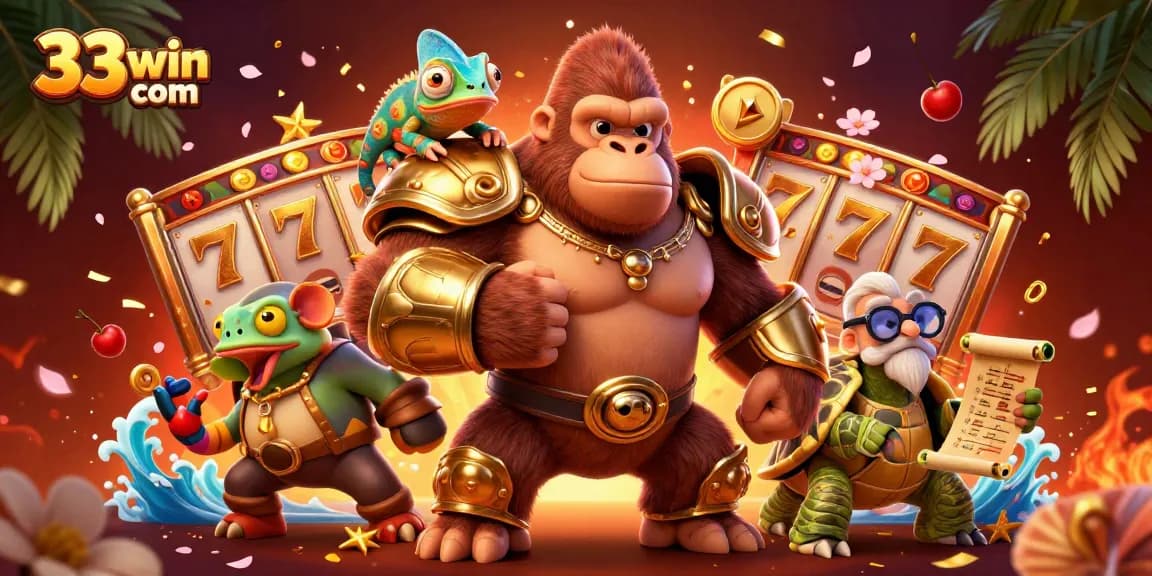Experience the excitement at 33win com with a dynamic 3D illustration of a gorilla king and friends.