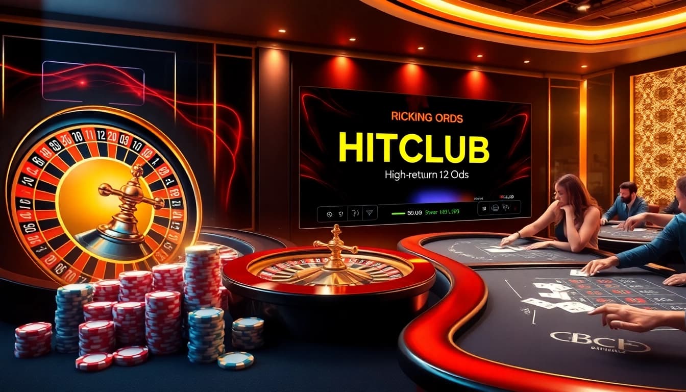 Exciting HITCLUB online casino scene with roulette and poker tables, capturing thrilling gambling moments.