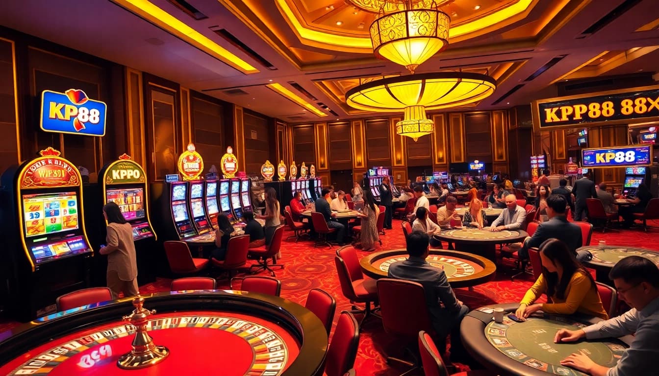 Gambling enthusiasts celebrating wins at KP88 casino tables with vibrant slot machines.
