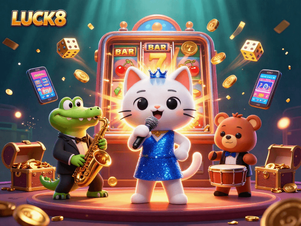 Trải nghiệm LUCK8 với hình ảnh sôi động của chú mèo ca sĩ nhạc jazz tại sòng bạc.