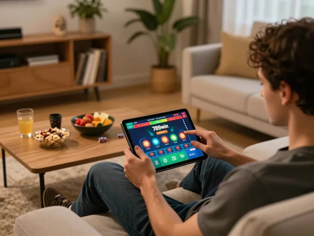Player enjoying online gaming with 789win app on tablet, cozy home atmosphere and snacks visible