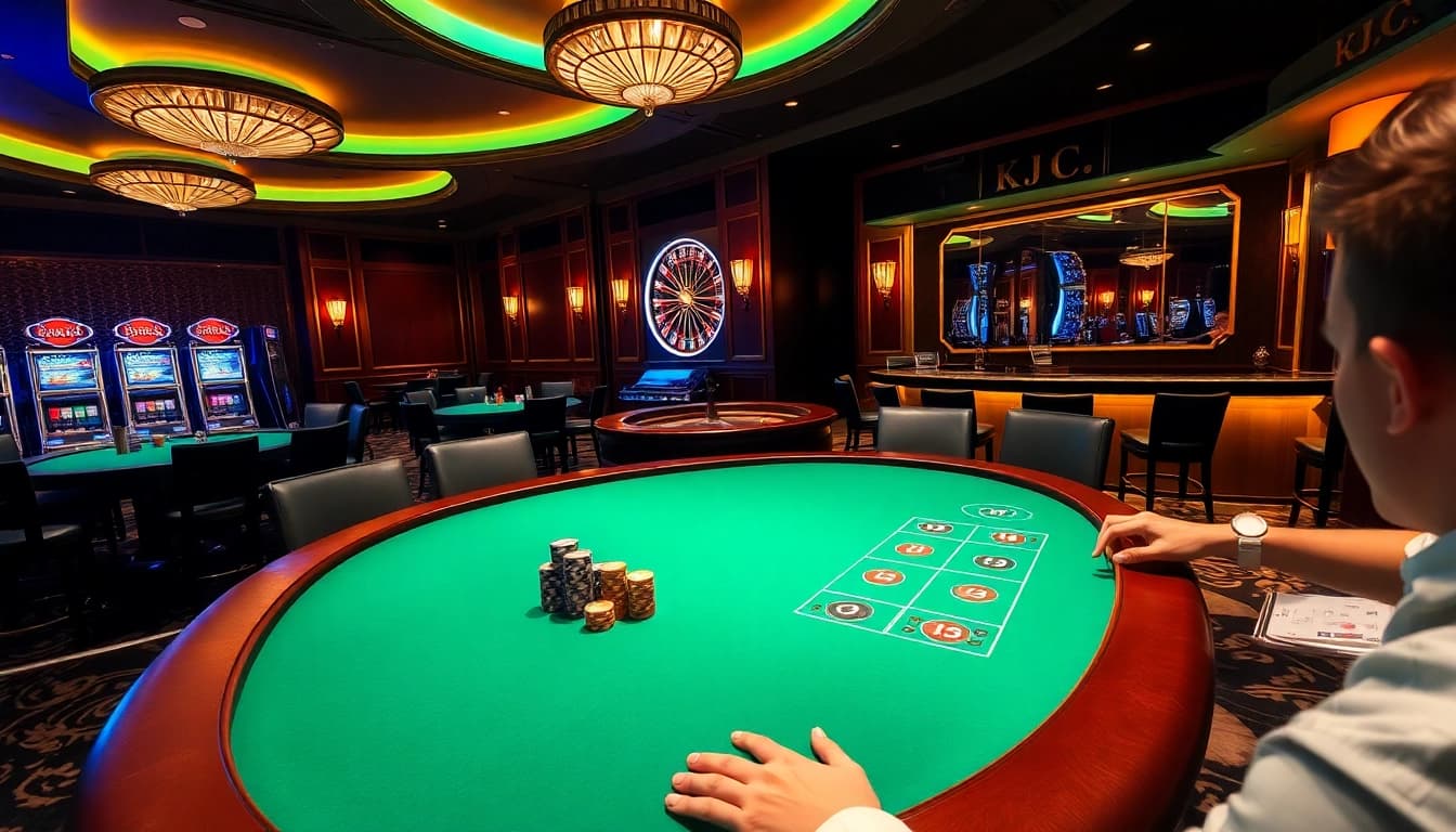KJC casino players strategizing around poker tables with vibrant chips and stunning roulette wheel.