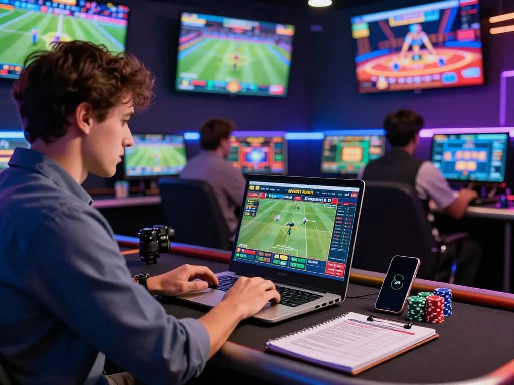 Engaged player at a gaming station for đăng ký xibet with laptop, smartphone, and vibrant casino visuals.
