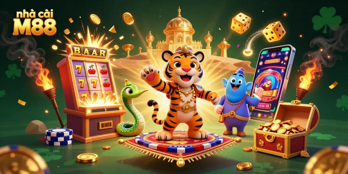 Experience the thrill of nhà cái M88 with vibrant casino action, capturing excitement in a dazzling scene.