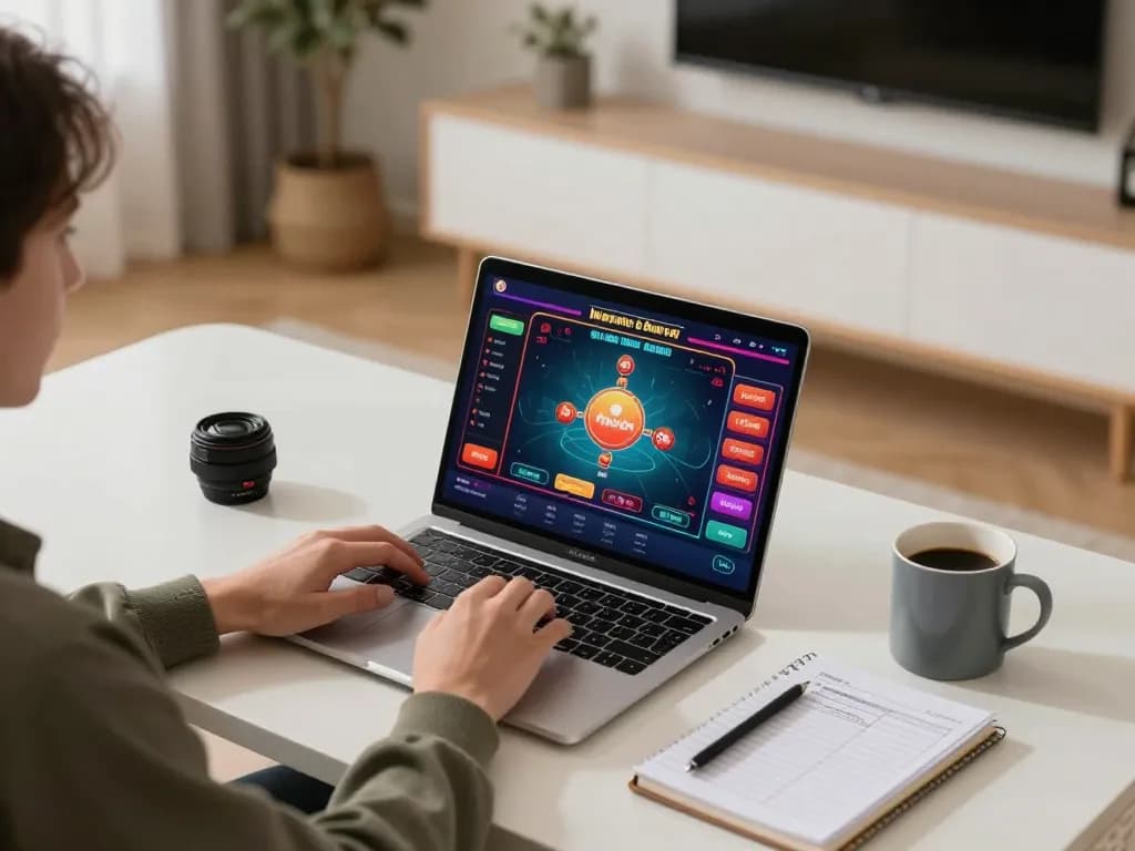 Engaging online casino gaming experience with 23Win on a laptop, featuring dynamic interface and cozy ambiance.