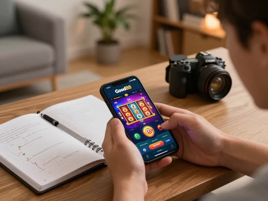 Player engaging with Good88 casino app on smartphone, showcasing strategic gaming setup