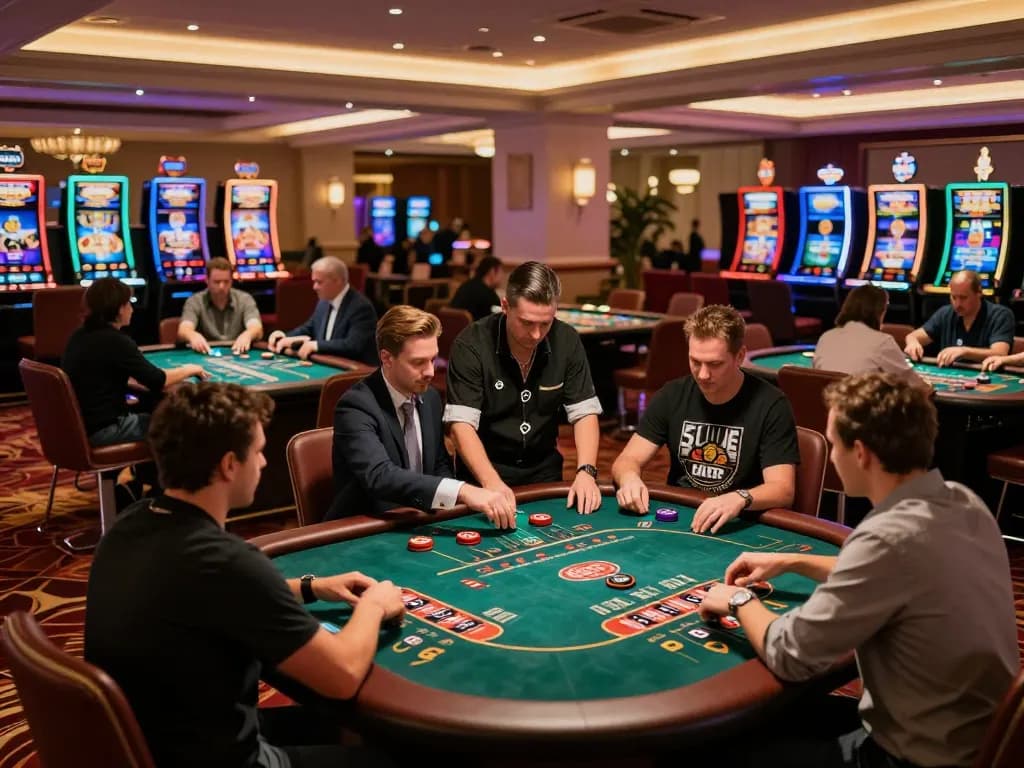 Players engaging with OnBet's casino games in a vibrant, luxurious environment