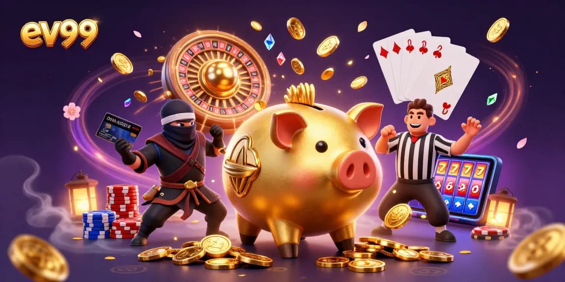 Engage in thrilling gameplay at ev99 with a vibrant casino scene featuring dynamic characters and sparkling winnings.