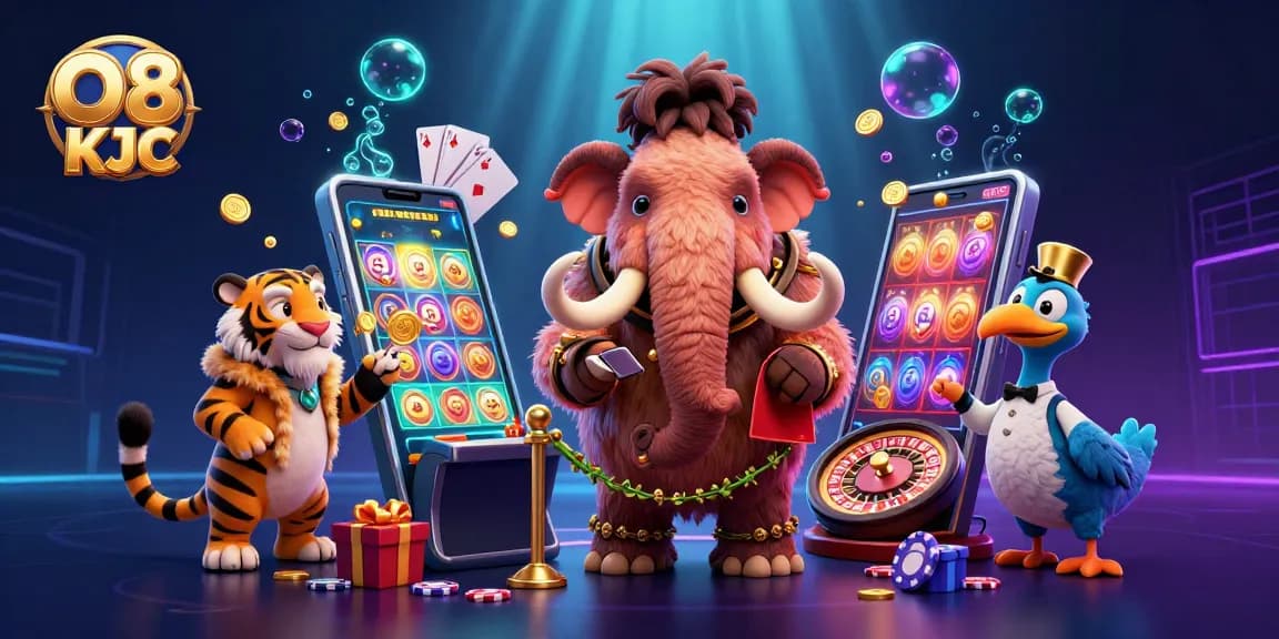 Experience thrilling gameplay at O8 KJC with vibrant slot games and unique characters in a lively casino scene.