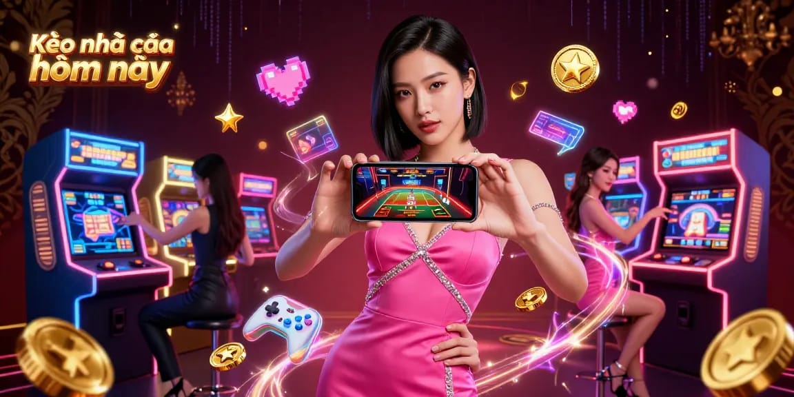 Experience Kèo nhà cái hôm nay with a stunning illustration of a confident woman engaging in live dealer games, surrounded by vibrant casino elements.