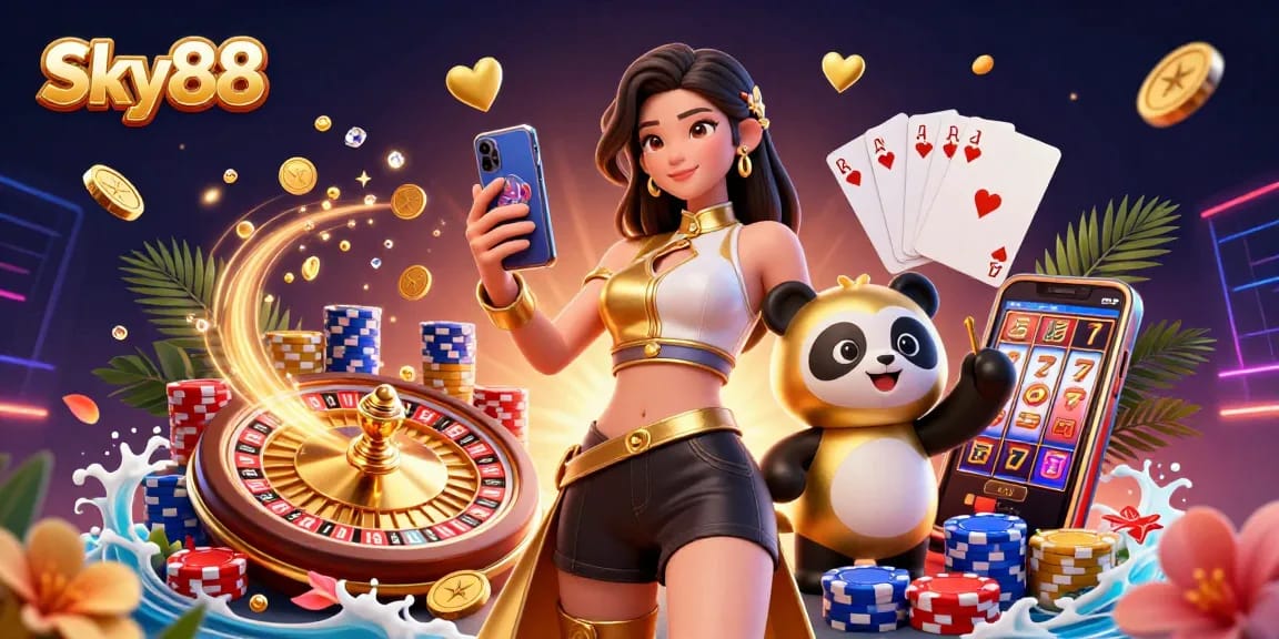 Engage with Sky88's vibrant casino experience featuring a stylish woman alongside a playful panda mascot.