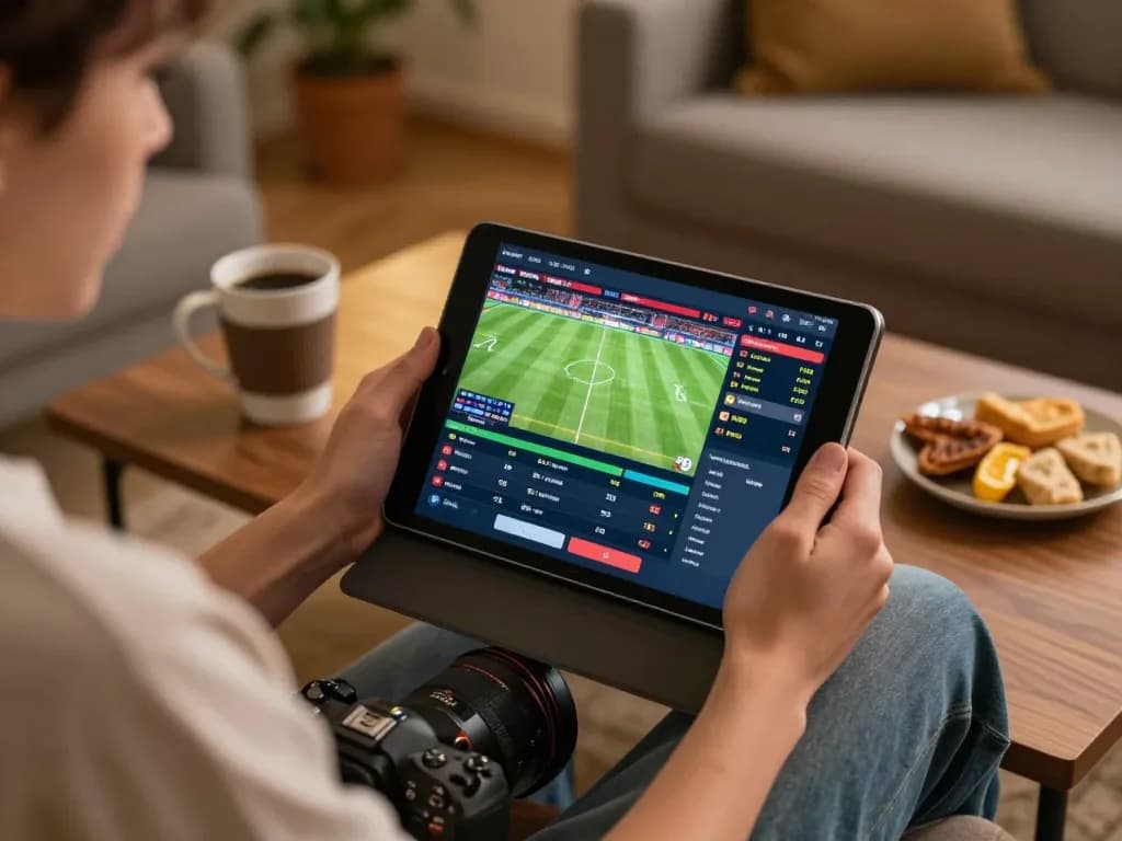 Placing live bets at https://www.mnm88.com/ on a tablet during a friendly football match at home.