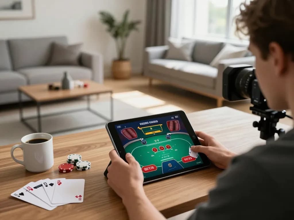 Engaging with bayvip through online poker gaming on a tablet in a cozy living room setting