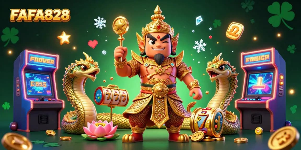 Spin slots and win big with FAFA828's thrilling 3D casino illustration, featuring vibrant gaming elements.
