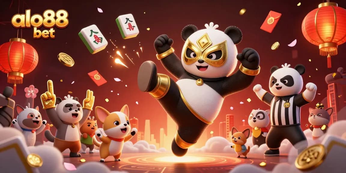A thrilling scene of the 3D panda wrestler flying kick at alo88 bet, amid cheering animal spectators and gambling elements.