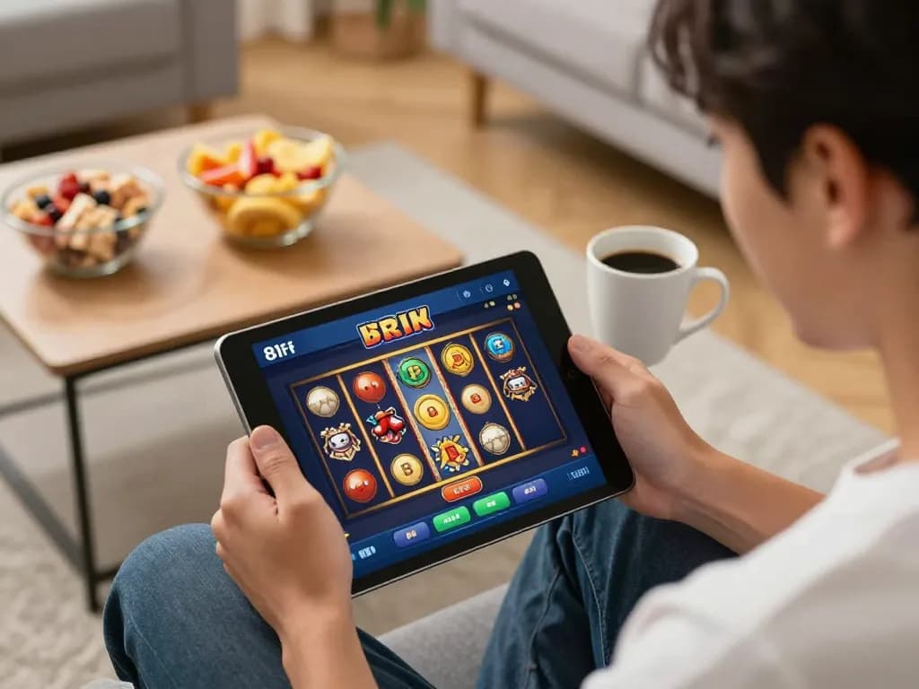 Player enjoying the 81ff app while using a tablet in a cozy living room, showcasing engaging online slots.