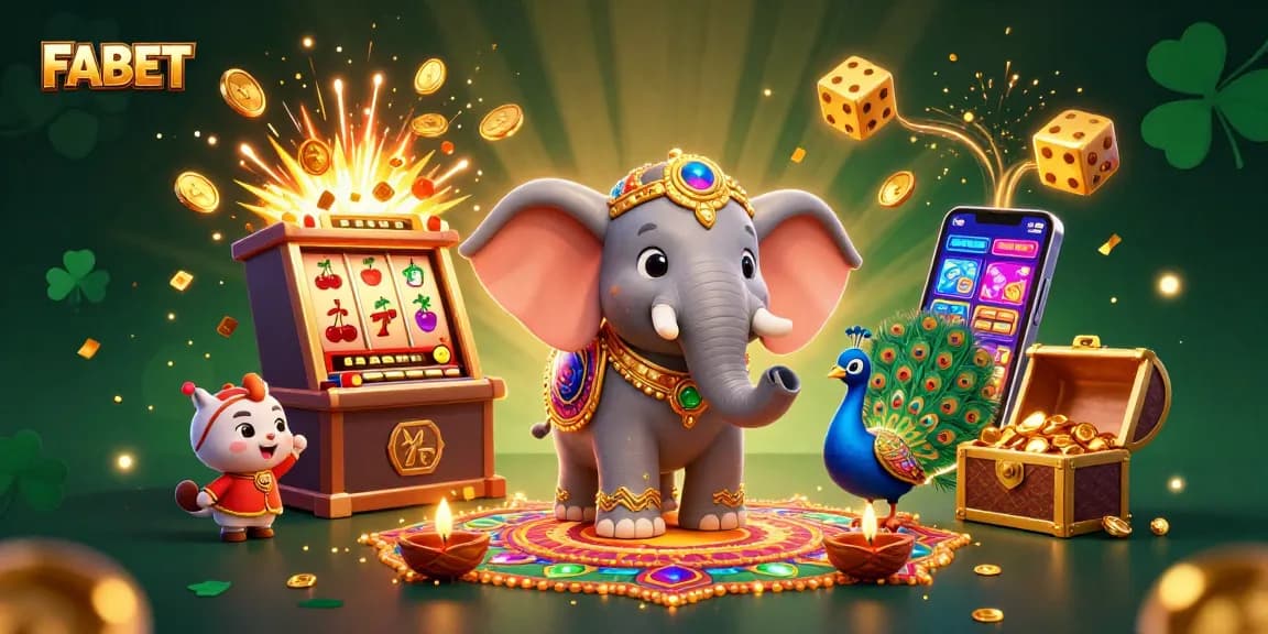 FABET promotes excitement with a vibrant jackpot scene featuring cheerful elephants and casino elements.