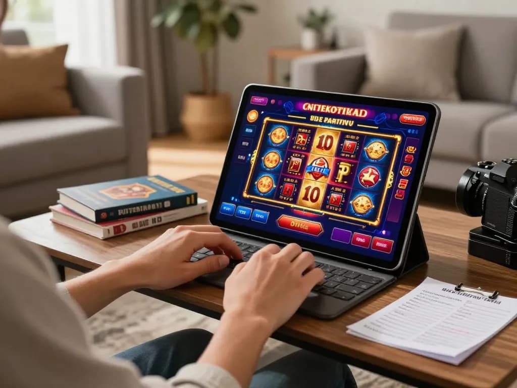 Engaging with khuyến mãi fun79 through a tablet in a cozy home setting, playing vibrant online casino games.