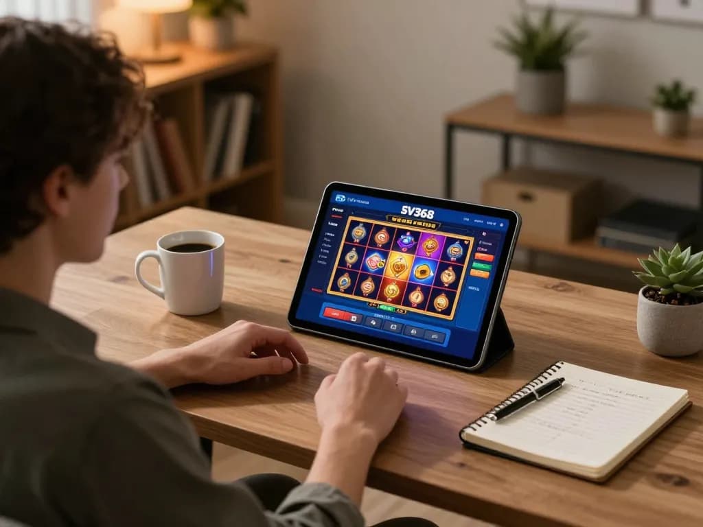Engaging in online gaming with SV368 app on tablet in a cozy home setting