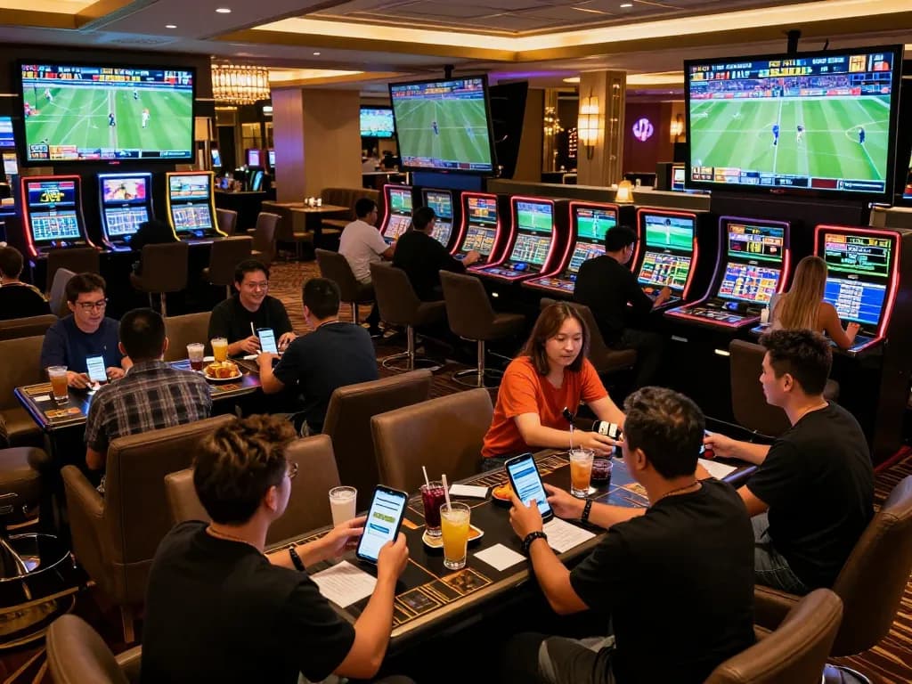Place bets using Link nhà cái Xo88 in a lively sports betting lounge with enthusiastic bettors enjoying live events.