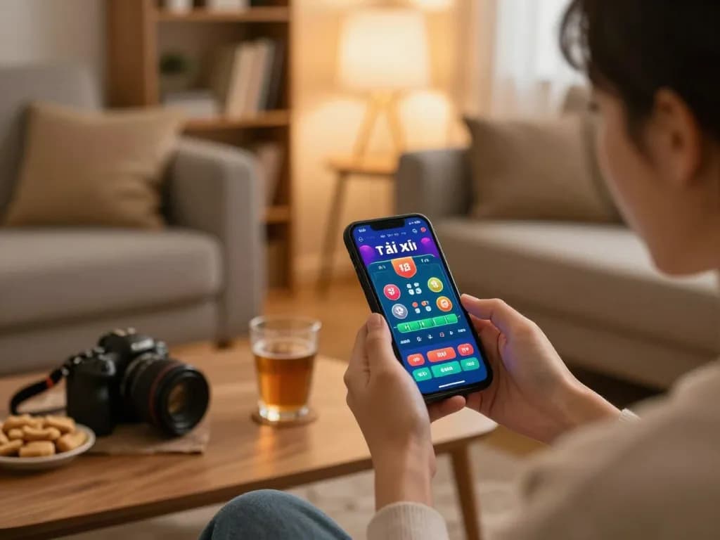Engaging in tài xỉu online gaming on a smartphone at home, cozy atmosphere with snacks.