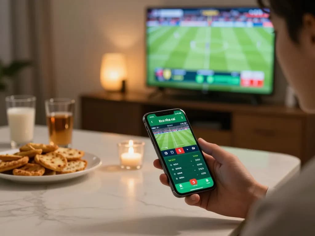 Person engaging with the keo nha cai 5 betting app on a smartphone while analyzing sports odds.