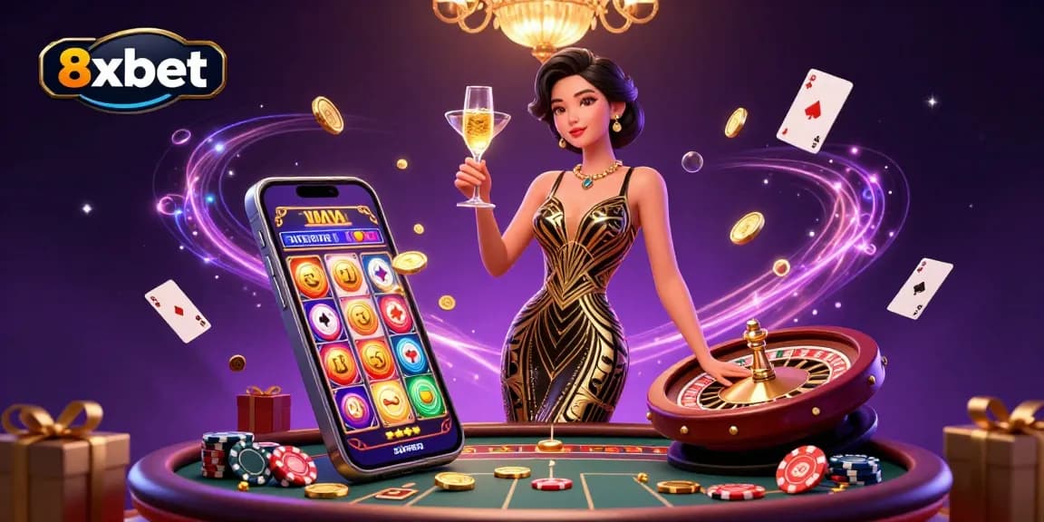 Experience thrilling gameplay at 8xbet with vibrant slot games, golden coins, and a luxurious casino scene.