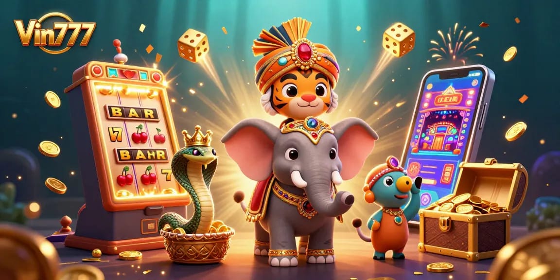 Experience thrilling wins at Vin777 with a vibrant 3D casino scene showcasing a royal tiger, elephant, and golden treasures.