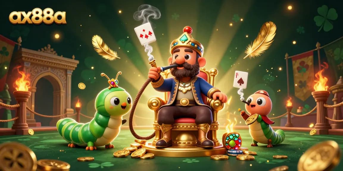 Join the excitement at ax88a with vibrant gaming elements and a caterpillar master in an enchanting casino scene.
