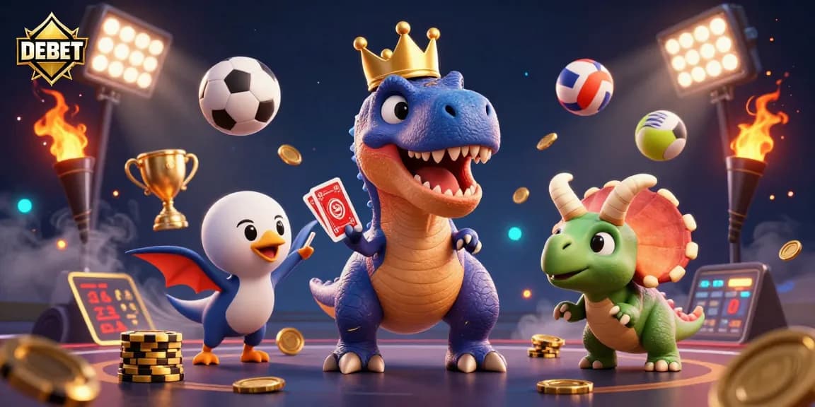 Engage with DEBET in a vibrant 3D cartoon scene of a T-Rex and friends around sports betting excitement.