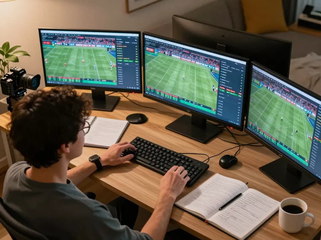 Engaged gambler placing bets on HELLO88 while studying live sports odds in a cozy home office